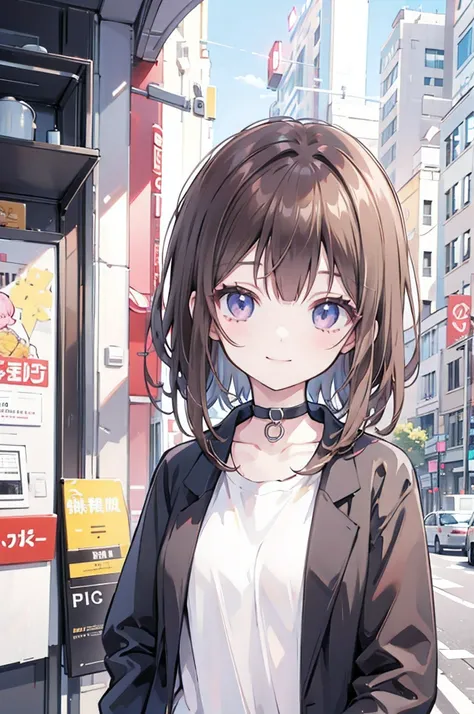 1girl, anime_coloring, black_eyes, brown_hair, choker, short_hair, smile, solo, style_parody,