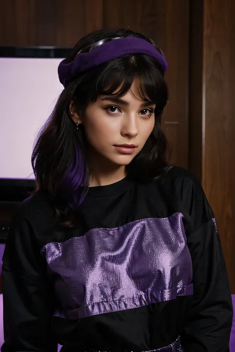 A beautiful woman with black and slightly purple clothes and a television from the 80s on her head