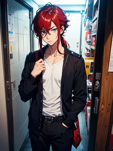 Polizeiuniform. Polizei. Polizist. Männlich. Older. Muscles. Stif hair. Shorter hair. Shirt. Black cardigan. Shy. Muscles.. red hair. Manbun hair. Blue eyes. Modern. open hair down to the shoulders. Lights. JRPG. Flowers. long hair. more anime style. 2D. f...