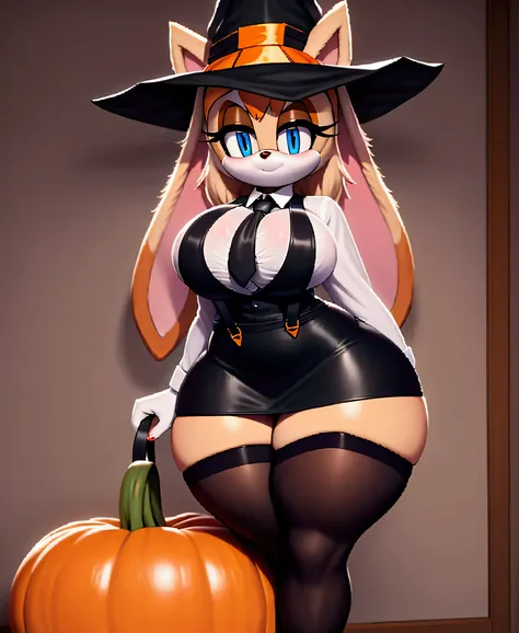 vanilla the rabbit,school uniform, black dress, black stockings with suspenders, big breasts, large thighs, blue eyes, witch hat...