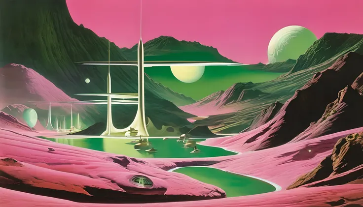 Main color: Pink, Green and White，Chesley Bonestell&#39;style，Depicting an adventurer wandering an alien desert under the light of a giant 粉Red moon，The screen contains dynamic elements，Like flying dust、Alien plants in the distance and strange objects in t...