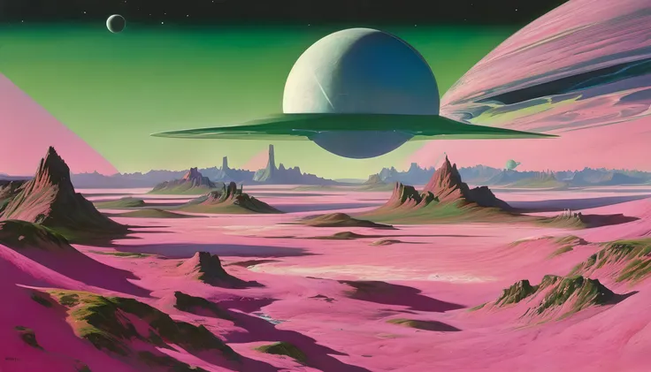 Main color: Pink, Green and White，Chesley Bonestell&#39;style，Depicting an adventurer wandering an alien desert under the light of a giant 粉Red moon，The screen contains dynamic elements，Like flying dust、Alien plants in the distance and strange objects in t...