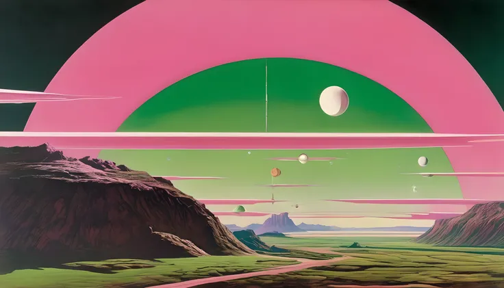 Main color: Pink, Green and White，Chesley Bonestell&#39;style，Depicting an adventurer wandering an alien desert under the light of a giant 粉Red moon，The screen contains dynamic elements，Like flying dust、Alien plants in the distance and strange objects in t...