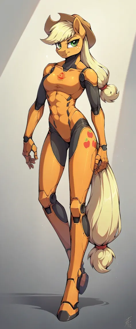 ((By antiander:1.5)), Full body image of a robot version of applejack, athletic body type, anthropomorphic mare, in orange futuristic bodysuit, cowboy hat robotic anthro pony, streamlined orange details, rendered in sfm, 