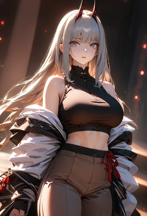 ((solo)), (woman), dark gray eyes, grey hair, long hair, full straight hair, (mature adult), ((old)), ((mature)), tall, fit, big breasts, a close up of a person, detailed key anime art, casimir art, masamune shiro, masamune, beautiful girl in demon slayer ...