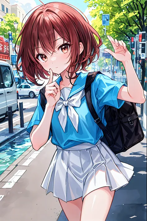 (child)，Please redeem，A beautiful face in every detail，cute，Dark brown eyes，(背の低いcute女の子，Young student，Young and delicate girl）,（masterpiece，Please redeem)，Brown Hair，Embarrassing，，Short sleeve white shirt，Checkered white skirt，Pathetic，Pathetic，Pathetic，A...