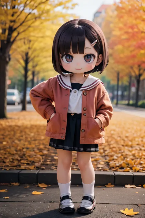 photorealistic、chibi girl（smile、standing pose、front、autumn clothes、cute shoes、cute hairpin、short bob）