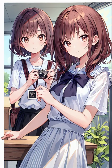 (child)，Please redeem，A beautiful face in every detail，cute，Dark brown eyes，(背の低いcute女の子，Young student，Young and delicate girl）,（masterpiece，Please redeem)，Brown Hair，Embarrassing，，Short sleeve white shirt，Checkered white skirt，Pathetic，Pathetic，Pathetic，A...