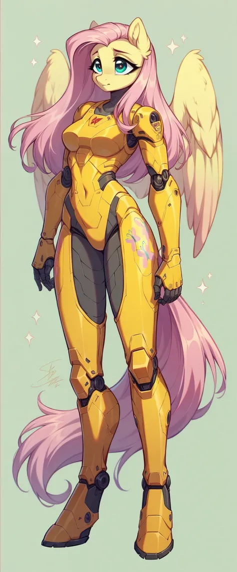 ((By antiander:1.5)), Full body image of a robot version of fluttershy, anthropomorphic mare, in pastel yellow futuristic bodysuit, robotic anthro pegasus, streamlined pastel yellow armor, sleek bright yellow armor, rendered in sfm, 