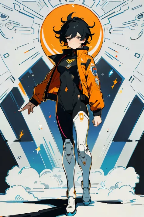 1 boy, male, masterpiece, anatomically correct, very short hair, short black hair, bright pupils, ringed eyes, black eyes, gradient eye color, orange jacket, pilot jacket, crop jacket, closed jacket, black bodysuit, android, cyberpunk, white legs, mecha, t...