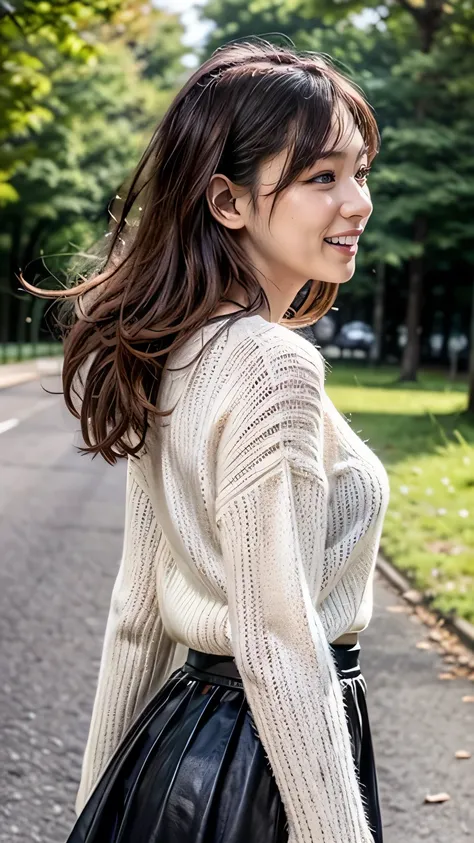 autumn、Walking along the ginkgo tree-lined street、Windy、(Look away:1.3、Squint your eyes and laugh、Big smile)、(Realistic、As shown in the picture、live-action、8k, Realistic, RAW Photos, Best Quality: 1.4), SLR camera、RAW Photos, Best Quality, Realistic, Detai...