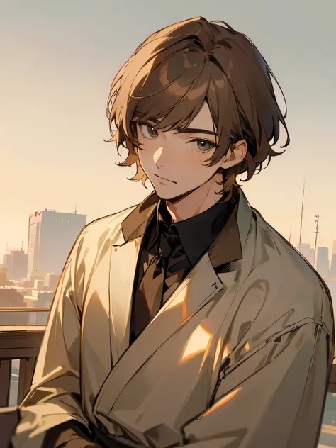 ((Best Quality)), ((Mastepiece)), Perfect Face,1 male,Man in his 20s,Handsome,Alone,anime,Light brown hair,Down Bangs,dim,evening,