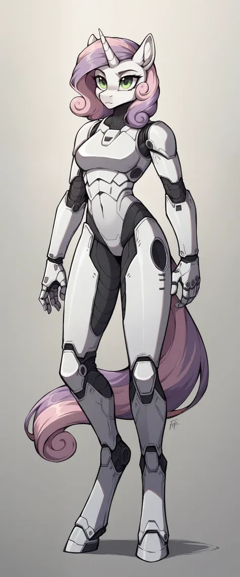 ((By antiander:1.5)), female, character is a girl, Full body image of a robot version of sweetie belle, anthropomorphic mare, in white futuristic bodysuit, robotic anthro unicorn, white bodysuit, streamlined white armor, sleek bright white armor, rendered ...