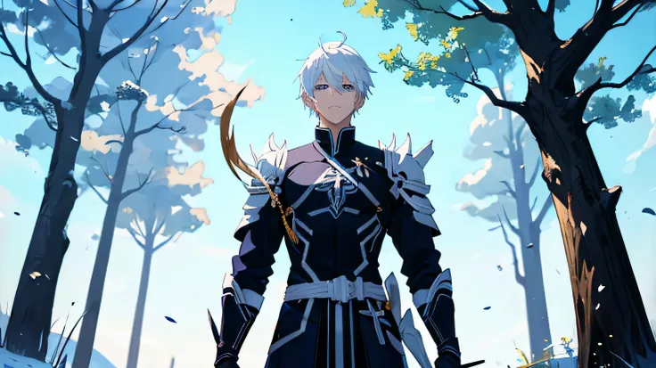 A 25 years old anime man with white hair, holding a Spear, Wearing a Blue and Black armor , Standing close to a tree 