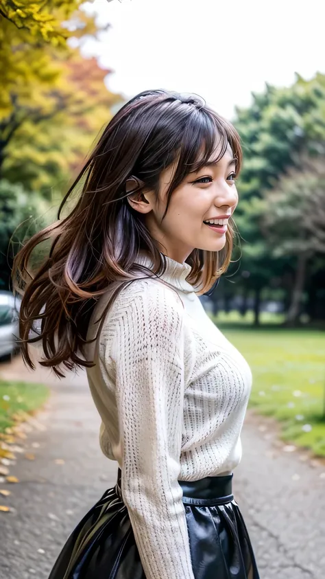 autumn、Walking along the ginkgo tree-lined street、Windy、(Look away:1.3、Squint your eyes and laugh、Big smile)、(Realistic、As shown in the picture、live-action、8k, Realistic, RAW Photos, Best Quality: 1.4), SLR camera、RAW Photos, Best Quality, Realistic, Detai...