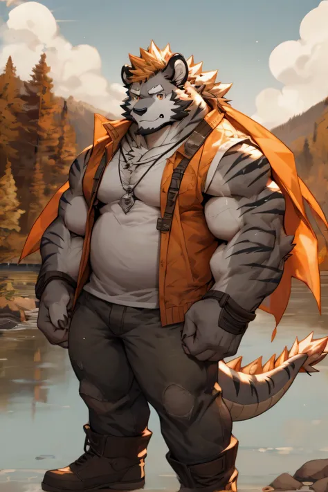 male focus, furry, furry dragon (grey), grey colored fur, black stripes on arms (black), mohawk haircut, orange colored hair, black horns, amber eyes, alone, looking at viewer, blushing shy look, short sleeved sweatshirt (white), jeans (black), dark brown ...