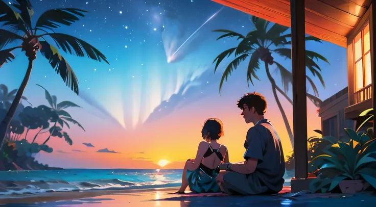 Silhouette of a man and woman sitting at a beach house and looking at the sea、Ocean, palm trees and beach house on night sky background、Light up、Shooting star and、Hawaiian Style　Tropical