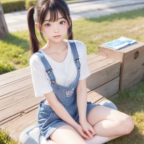 ((Detailed face, Cute face)), Ultra-high resolution, (Realistic: 1.4), RAW Photos, Please redeem, (PhotoRealistic Stick), concentrate, Soft light, ((Girl sitting))、((Sitting flat))、((White socks))、 ((Shiny, silky medium length hair, Twintails、beautiful shi...