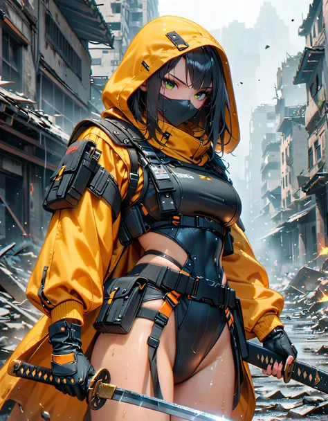 masterpiece, best quality, high res, 8k, 1 girl, solo, solo focus, close-up shot, (black hair, medium hair, medium breasts, green eyes), ninja, perfect anatomy, city, cyberpunk style, ((load-bearing vest, belt, black gloves, (black leotard, yellow hooded j...