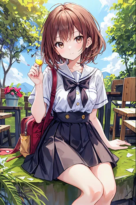 (child)，Please redeem，A beautiful face in every detail，cute，Dark brown eyes，(背の低いcute女の子，Young student，Young and delicate girl）,（masterpiece，Please redeem)，Brown Hair，Embarrassing，，Short sleeve white shirt，Checkered white skirt，Pathetic，Pathetic，Pathetic，A...