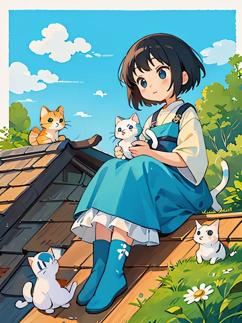 Hayao Miyazaki Style, Cute design, The most beautiful woman of all time、Chibi、(((Holding a kitten)))、rooftop