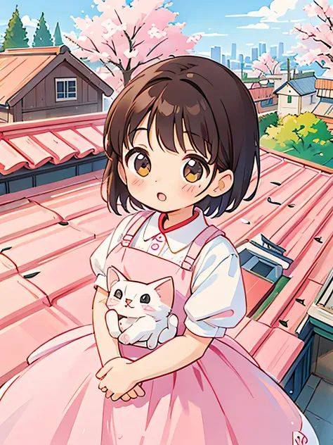 Sakura Momoko Style, Cute design, The most beautiful woman of all time、Chibi、(((Holding a kitten)))、rooftop