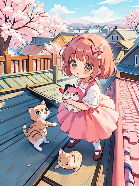 Sakura Momoko Style, Cute design, The most beautiful woman of all time、Chibi、(((Holding a kitten)))、rooftop