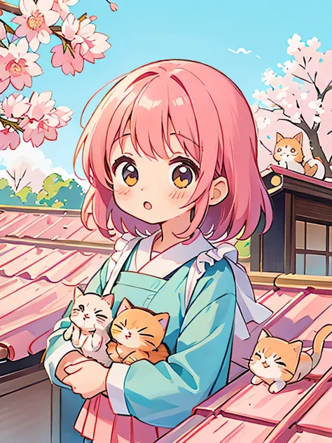 Sakura Momoko Style, Cute design, The most beautiful woman of all time、Chibi、(((Holding a kitten)))、rooftop