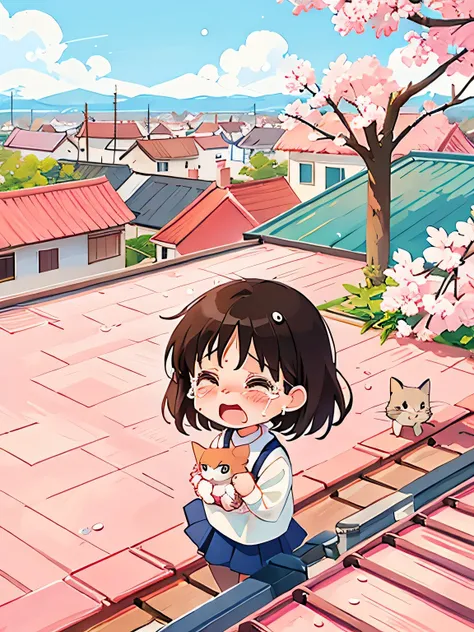 Sakura Momoko Style, Cute design, The most beautiful woman of all time、Chibi、(((Holding a kitten)))、rooftop, (((tears)))