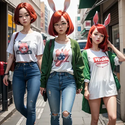 pretty girl、Red bob hair、Bunny ears、White T-shirt、Green jacket、Navy blue jeans、Brown boots 
