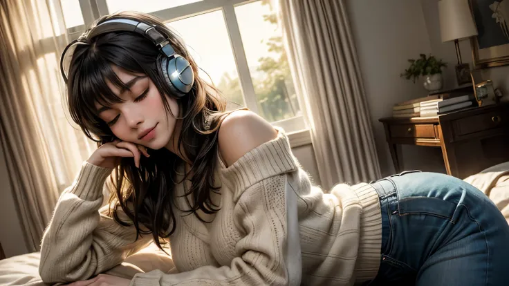 a beautiful girl sits peacefully by a large window, wearing stylish over-ear headphones that glow faintly with soft, colorful le...