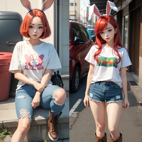 pretty girl、Red bob hair、Bunny ears、White T-shirt、Green jacket、Navy blue jeans、Brown boots 
