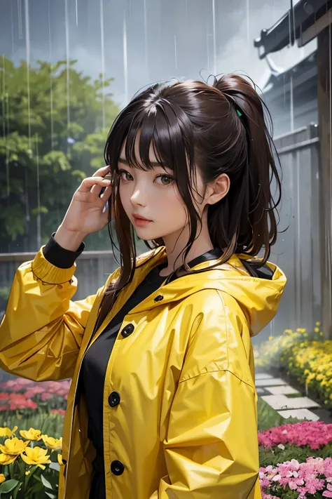 One beautiful woman。Japanese。Detailed drawing of the face。22 years old。Dark brown hair。She is looking sadly at the camera。She is wearing a yellow raincoat。She is standing in a flower bed in the rain。Masterpiece。