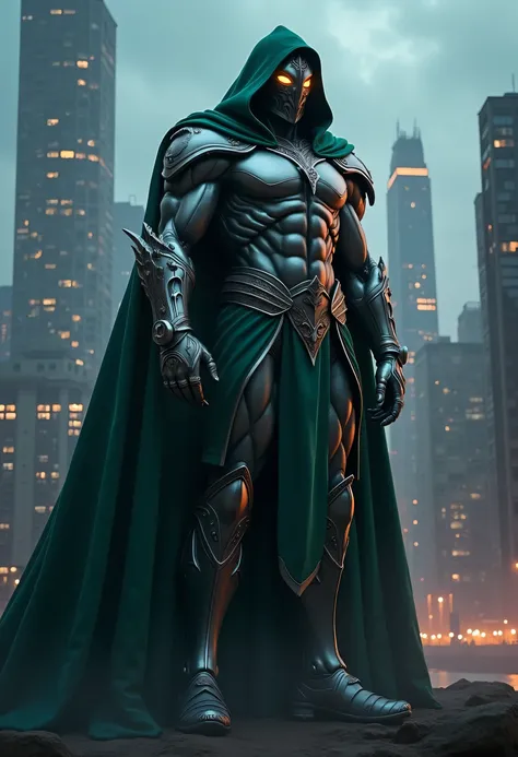 "Design a towering Ultraman-like character standing in an urban cityscape. This Ultraman is incredibly tall, muscular, and athletic, with a design heavily influenced by the style of Dr. Doom. The character wears a dark green hooded cloak, flowing dramatica...