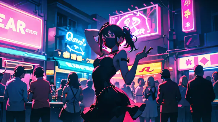 Girl dancing with friends in masks at bar under neon lights