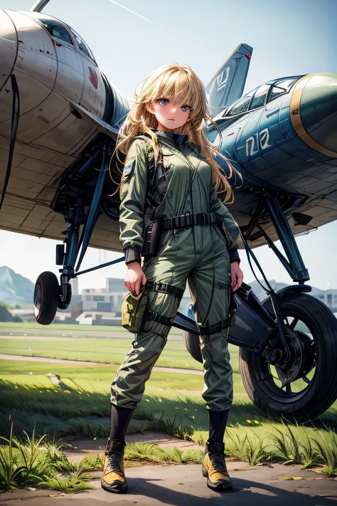 (masterpiece), best quality, expressive eyes, perfect face((best quality)), ((masterpiece)), (detailed), perfect face, airforce jumpsuit, standing, full body, front view, European, blonde, dark green uniform, jetfighter plane background,amazing sapraizz, d...