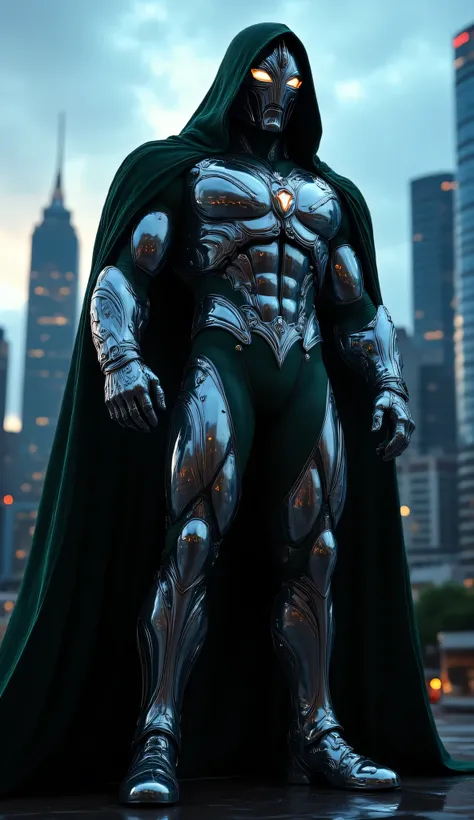 "Design a towering Ultraman-like character standing in an urban cityscape. This Ultraman is incredibly tall, muscular, and athletic, with a design heavily influenced by the style of Dr. Doom. The character wears a dark green hooded cloak, flowing dramatica...