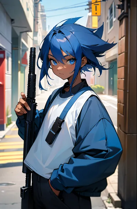 Young teen, black skin color, blue eyes, dark blue hair, Street clothes, Gun.