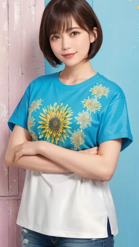 300 (20-year-old woman,Short Bob Hair), (A kind smile), (colorful), (Fractal Art:1.2), (characterＴshirt)