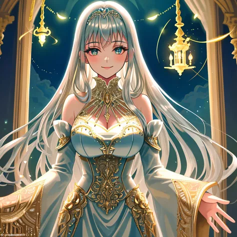 ((Mature girl with long silver hair)), ((intelligent:1.4, mischievous:1.6, smiling:1.2)), walking, castle hall, night, city castle, aurora, moon, ((full-body:1.2))//, ((Anime:1.4, Manga:1.2)), visual effects, edge lighting, moonlight, ((high quality:1.2, m...