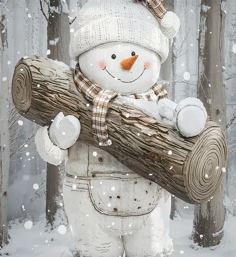 A fat little snowman is standing in front of the woods holding a piece of wood. The little snowman is standing in the middle.，Monotonous color