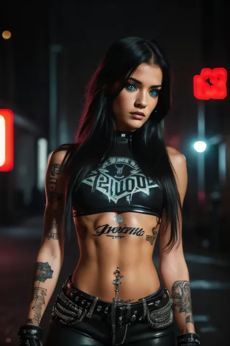 photorealistic, ultra-detailed, rocker (((metalhead girl))) , portrait photo, solo, hot body, nice , abs, tattooed, sexy, ((s3xy...