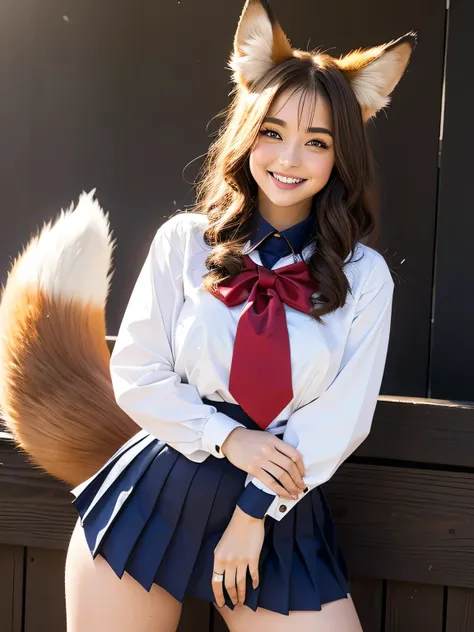 
((Best Quality, 8k)), ((masterpiece)), (Highest Resolution), Perfect Face, Woman with fox ears, Woman with a tail, Beautiful woman, She is a student at school, It was taken at school, Only one tail, She has thick thighs, Her big fox tail, I can see her fo...