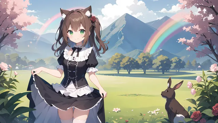 One girl, animal_ear, , brown_hair, Bush, Clothes_lift, cup, day, dress, dress_lift, fake_animal_ear, glass, green_eye, Watching_in_Viewers, mountain, One_side_up, Outdoor, rabbit_ear, rainbow, rose, skirt_all, skirt_lift, smile, Alone, Sparkle, teacup, Te...