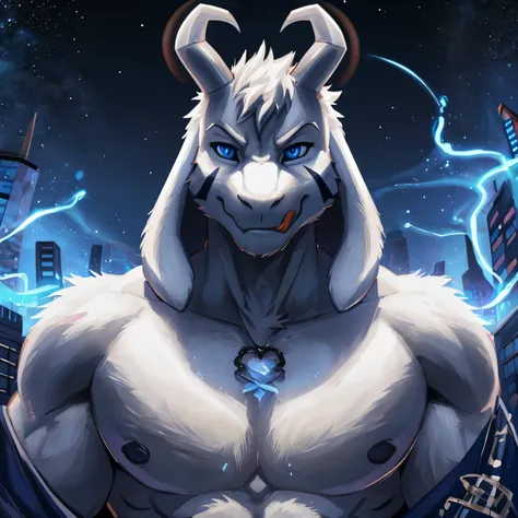 Undertale, solo ((Asriel Dreemurr))) with ((neck tuft)) and ((fluffy tail) and ((light navy blue eyes)), (detailed white goat x Asriel Dreemurr), (detailed lighting), ((detailed fluffy skin)), bara, (small goat tail), ((full portrait)), uploaded to e621, b...