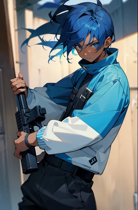 Young teen, male, black skin color, blue eyes, dark blue hair, Street clothes, Gun.