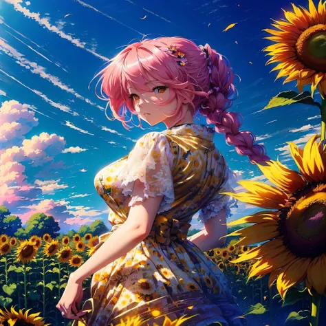 anime girl with pink hair and sunflowers in a field, beautiful sunflower anime girl, anime style 4 k, beautiful anime artwork, detailed digital anime art, clean detailed anime art, beautiful anime art style, beautiful anime art, detailed anime art, anime a...