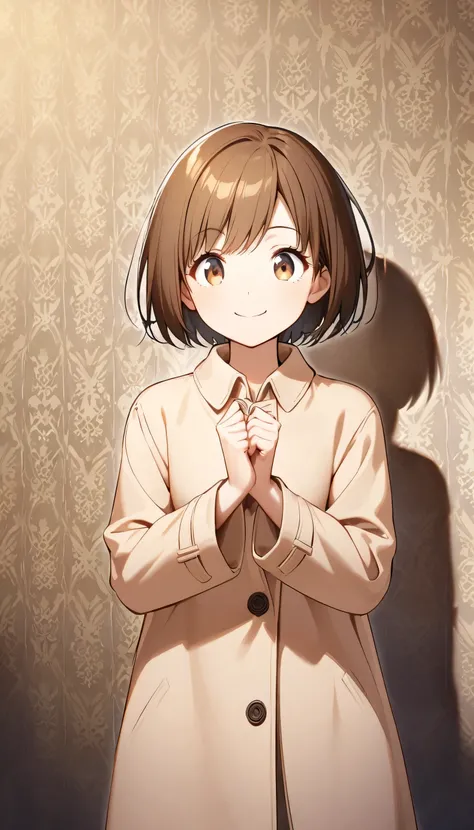 One person，Brown hair，Beige coat，Smile，Half Body，One person，Natural facial expression，One person，Short hair，wallpaper，画面中只有One person，Standing，girl