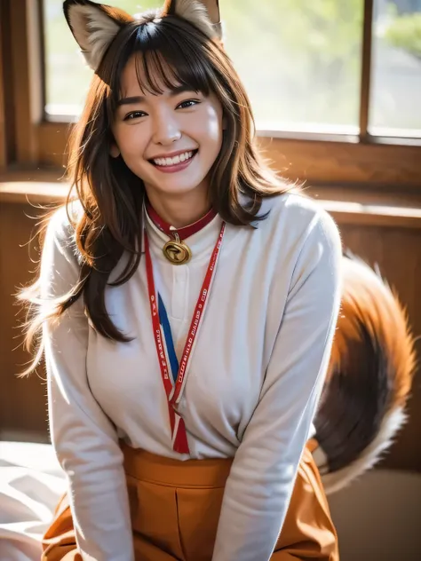 ((Best Quality, 8k)), ((masterpiece)), (Highest Resolution), Perfect Face, Woman with fox ears, Woman with a tail, Beautiful woman, She is a student at school, It was taken at school, Only one tail, She has thick thighs, Her big fox tail, I can see her fo...