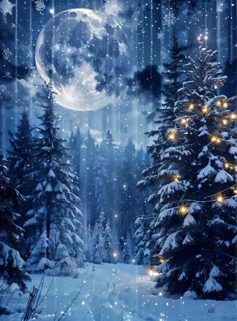 A big full moon in the sky，There are pine trees for about two hundred years.，There are small colored lights hanging on the pine tree on the right.，It&#39;s still snowing，Blue tint